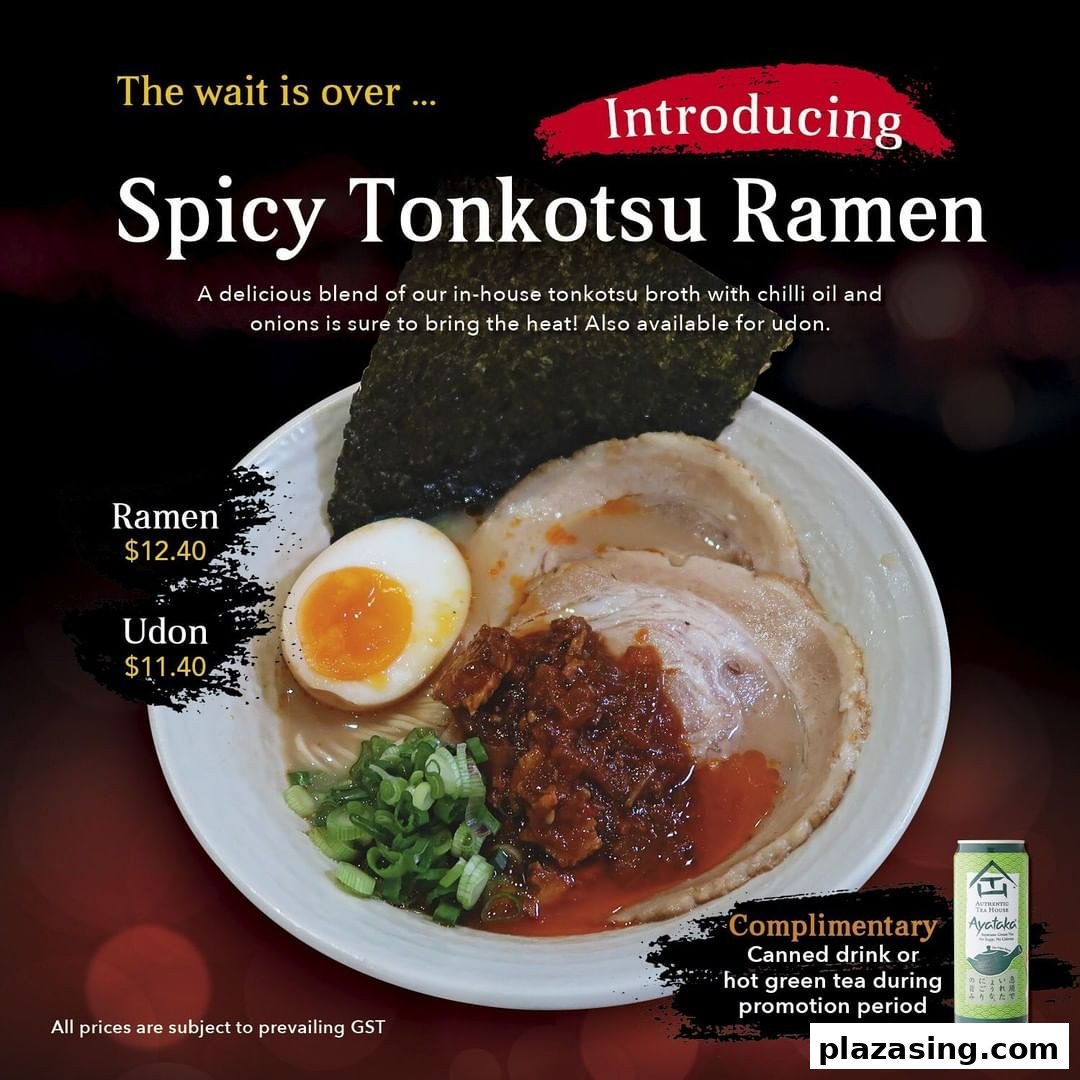 An advertisement for Spicy Tonkotsu Ramen and Udon with pricing and a promotional offer.