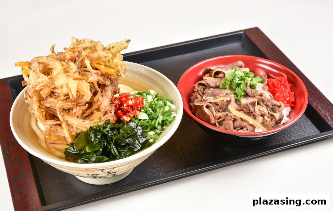Two delicious Japanese dishes, including udon with tempura and a beef bowl, served on a black tray.