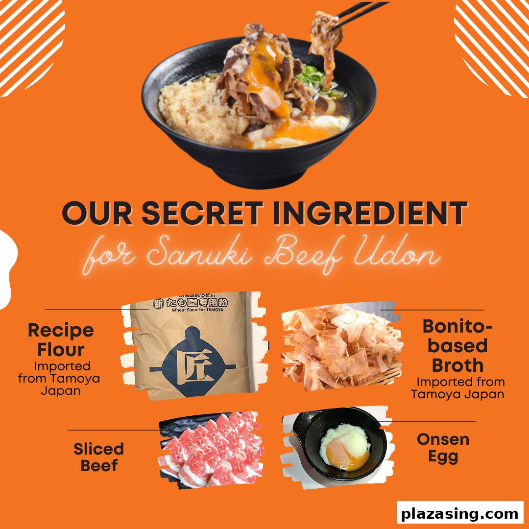 Visualizing the key ingredients for Tamoya Udon's Sanuki Beef Udon, highlighting their quality and origin.