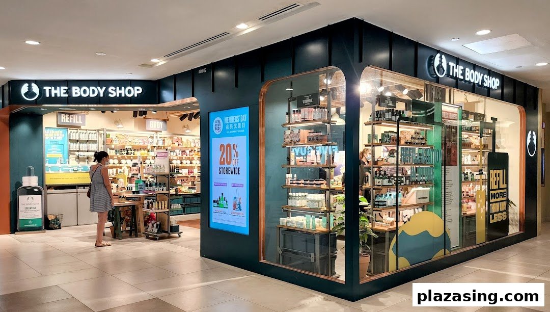 The Body Shop storefront showcasing its natural beauty products and innovative refill station.