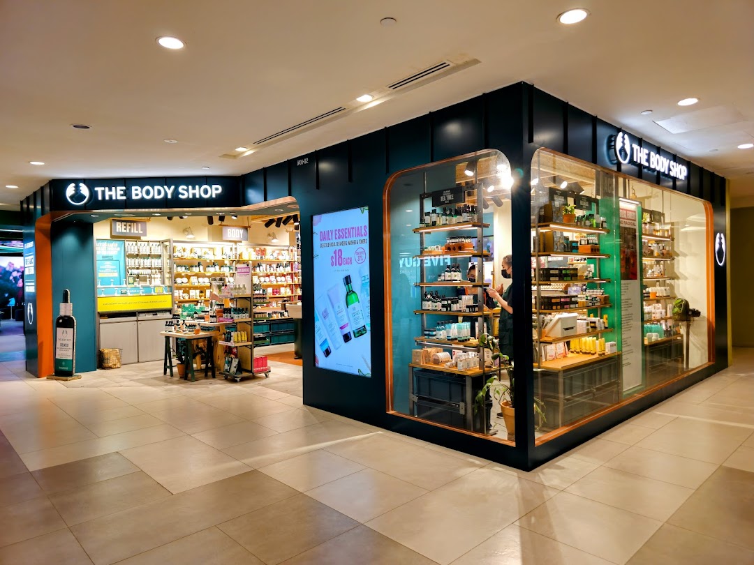 The Body Shop storefront features a modern design with visible product displays and a prominent refill station.