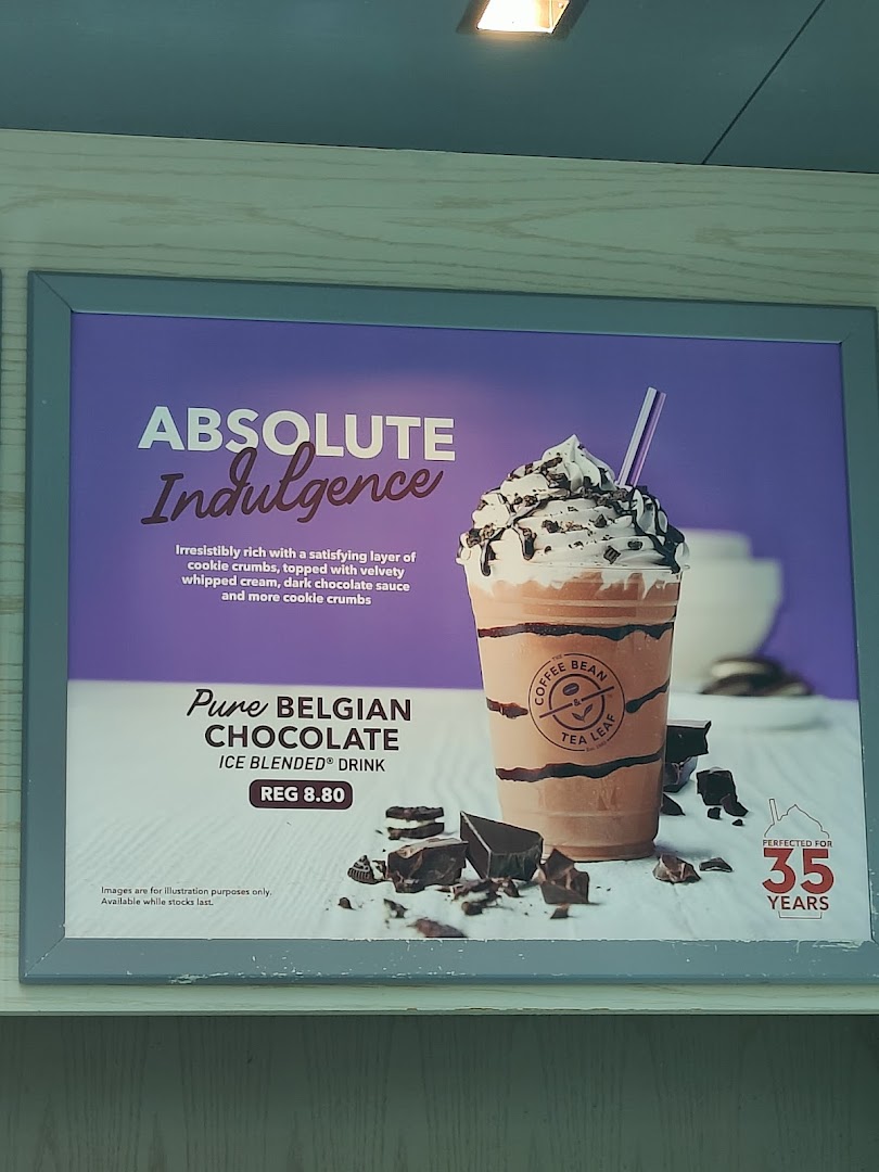 A promotional poster for The Coffee Bean & Tea Leaf's Pure Belgian Chocolate Ice Blended drink.