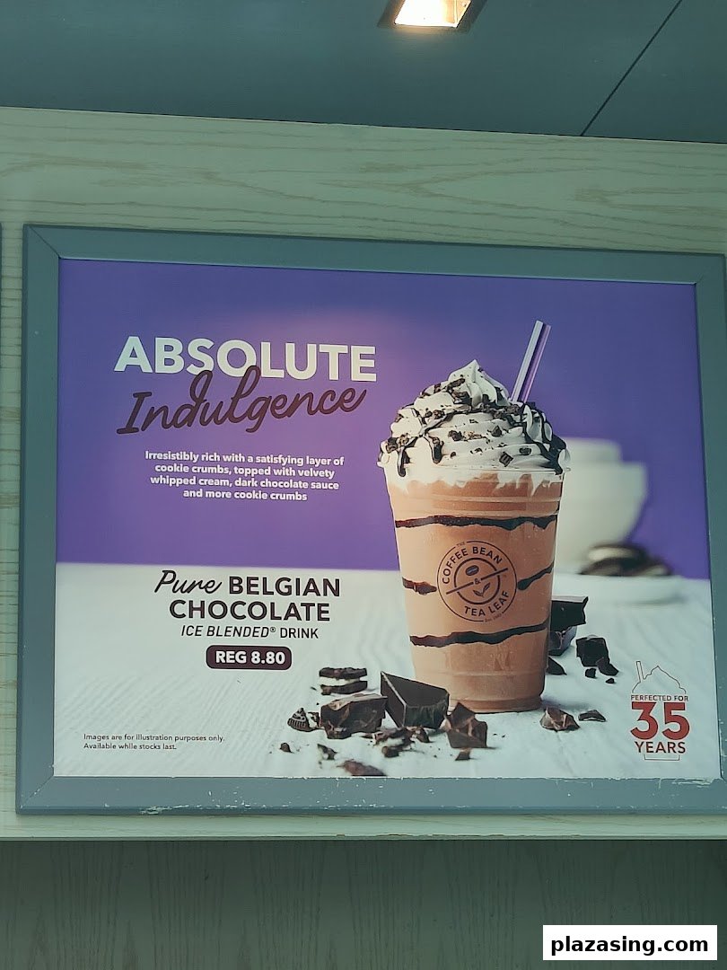 A promotional poster for The Coffee Bean & Tea Leaf's Pure Belgian Chocolate Ice Blended drink.