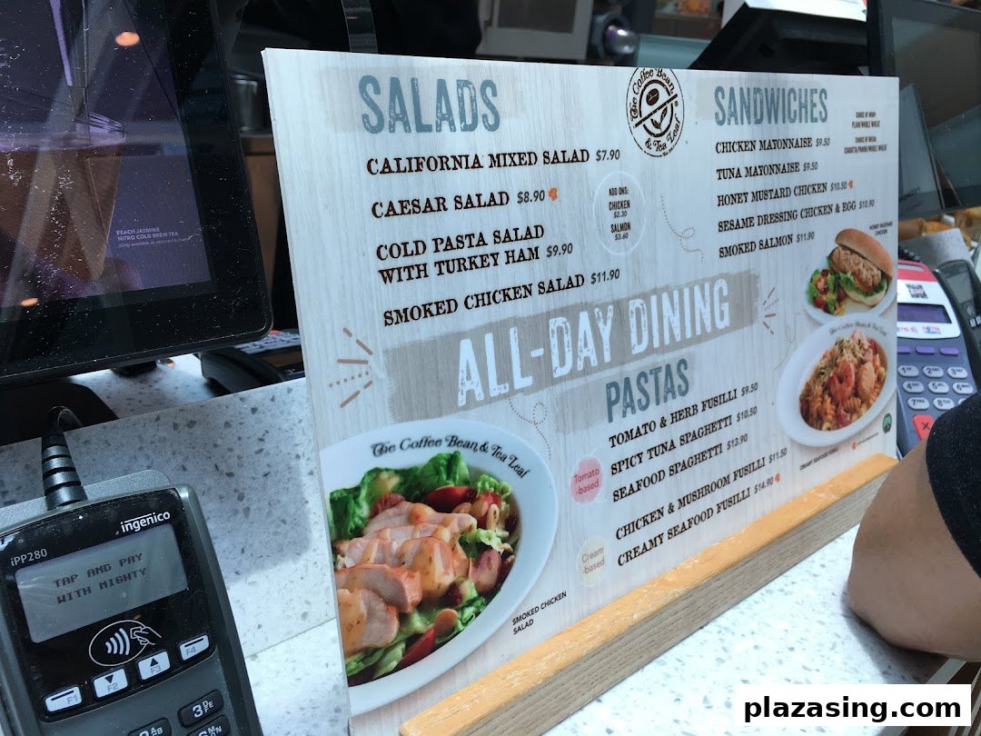 A close-up of an 'All-Day Dining' menu board featuring salads, sandwiches, and pastas.