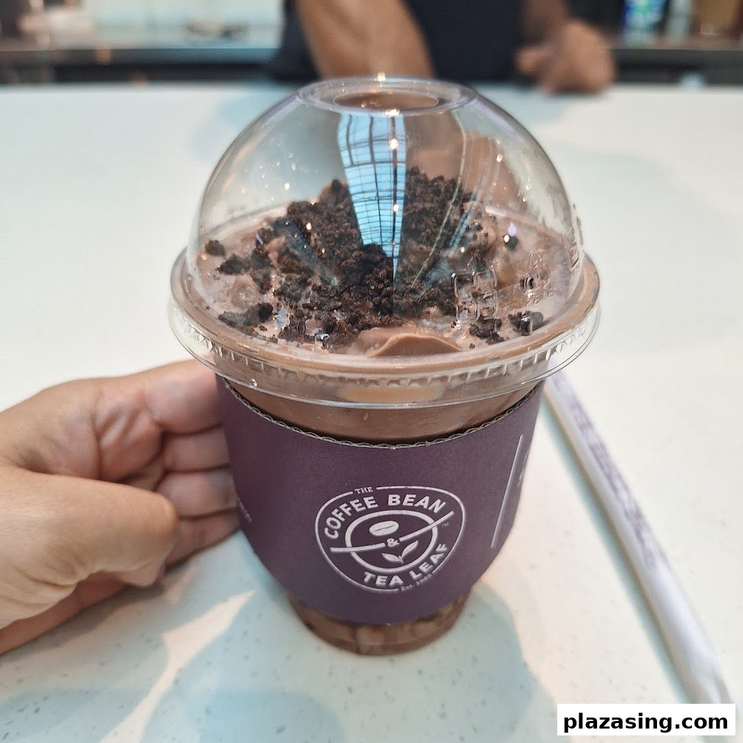 A hand holds a chocolate blended drink topped with cookie crumbs from The Coffee Bean & Tea Leaf.