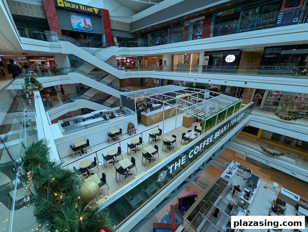 An aerial view of The Coffee Bean & Tea Leaf cafe within a bustling multi-story shopping mall.