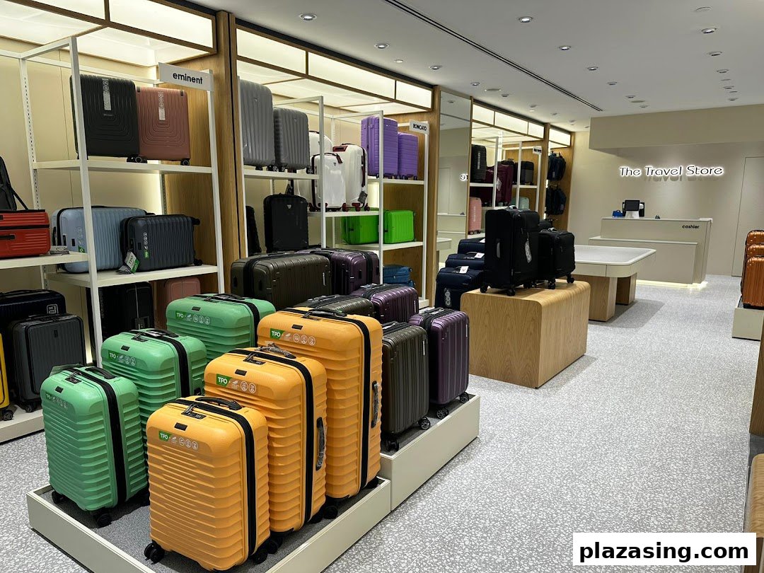 Interior view of The Travel Store showcasing a wide array of colorful luggage and travel accessories.