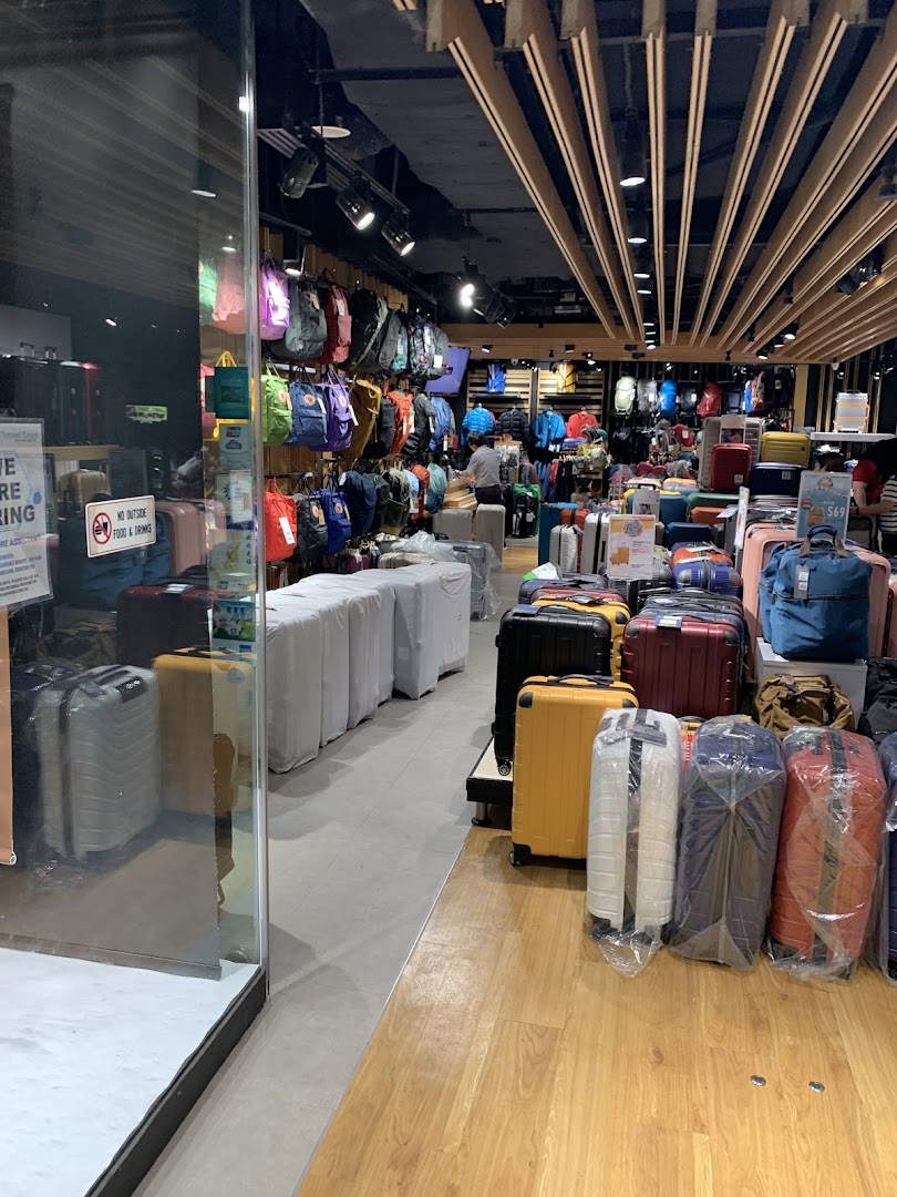 A wide selection of luggage, backpacks, and travel accessories displayed inside The Travel Store.