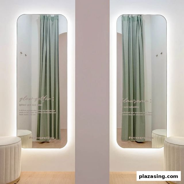 Illuminated mirrors in a stylish fitting room with light green curtains and white stools at The Willow Label.