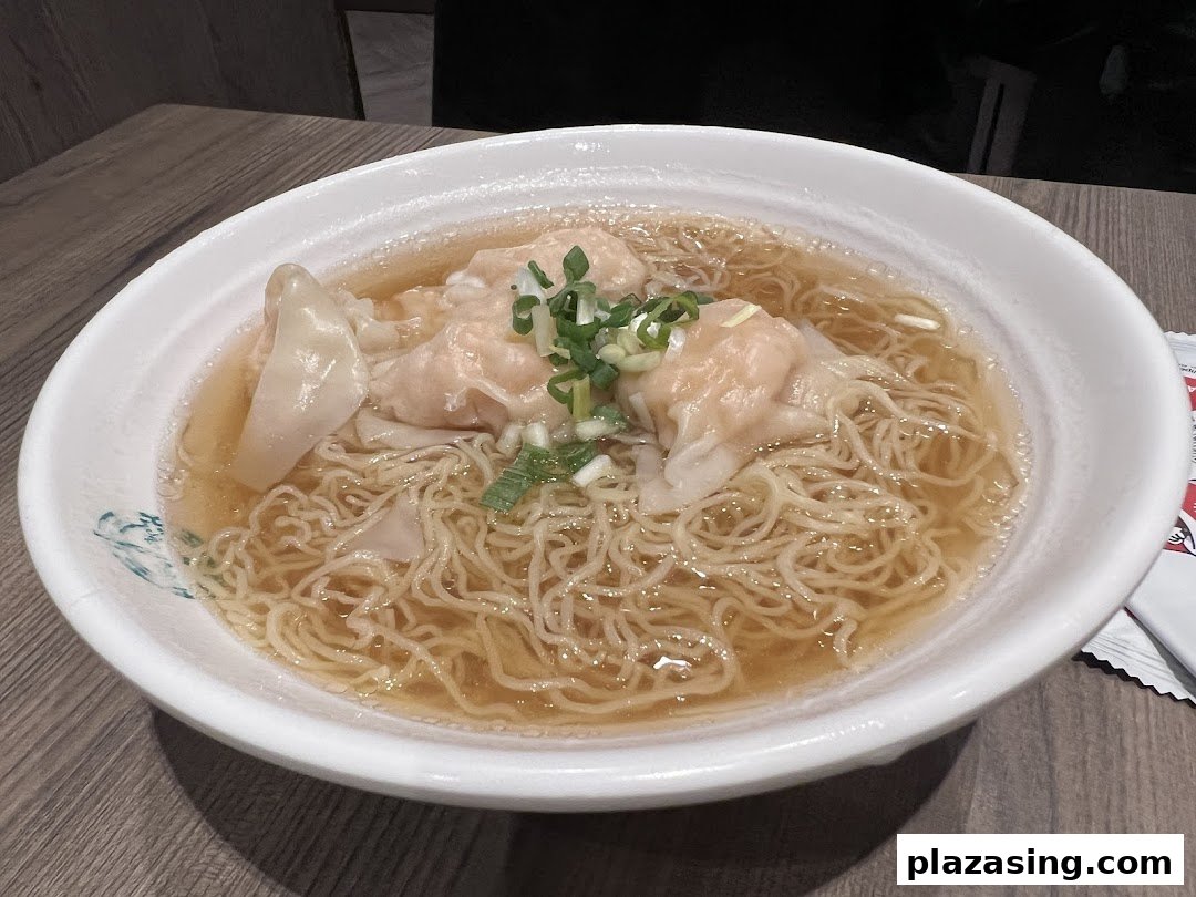 A close-up of a delicious bowl of wonton noodles with broth and green onions from Tim Ho Wan.