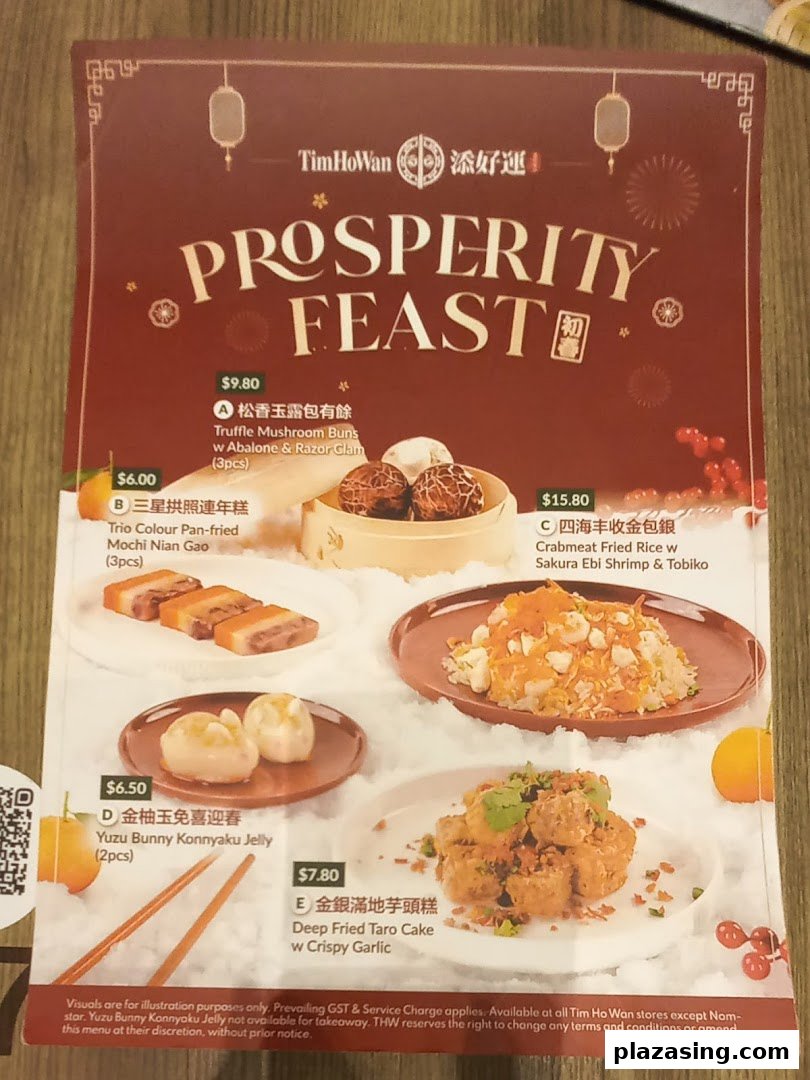 A festive menu from Tim Ho Wan featuring their 'Prosperity Feast' with various dim sum and rice dishes.