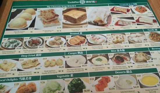A comprehensive menu from Tim Ho Wan, featuring various dim sum categories and prices.