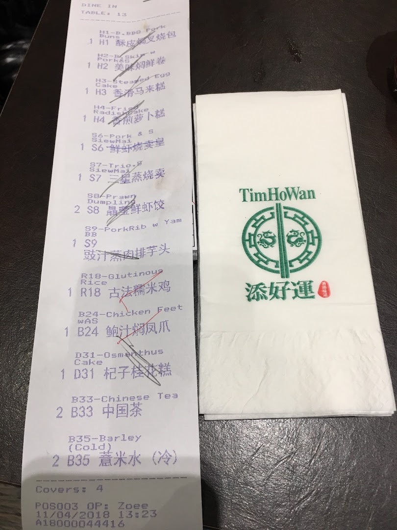 A Tim Ho Wan order receipt showing various dim sum items and a branded napkin.