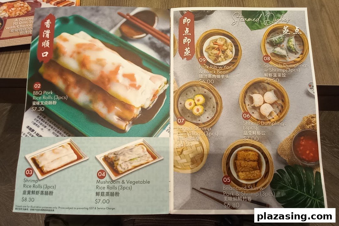 A detailed menu page from Tim Ho Wan showcasing various dim sum and rice roll dishes.