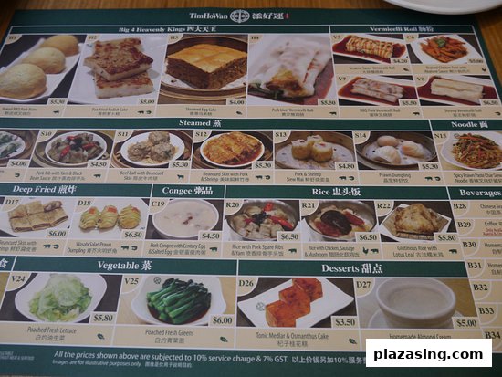 A detailed menu from Tim Ho Wan, showcasing a variety of dim sum, rice, congee, and dessert options with prices.