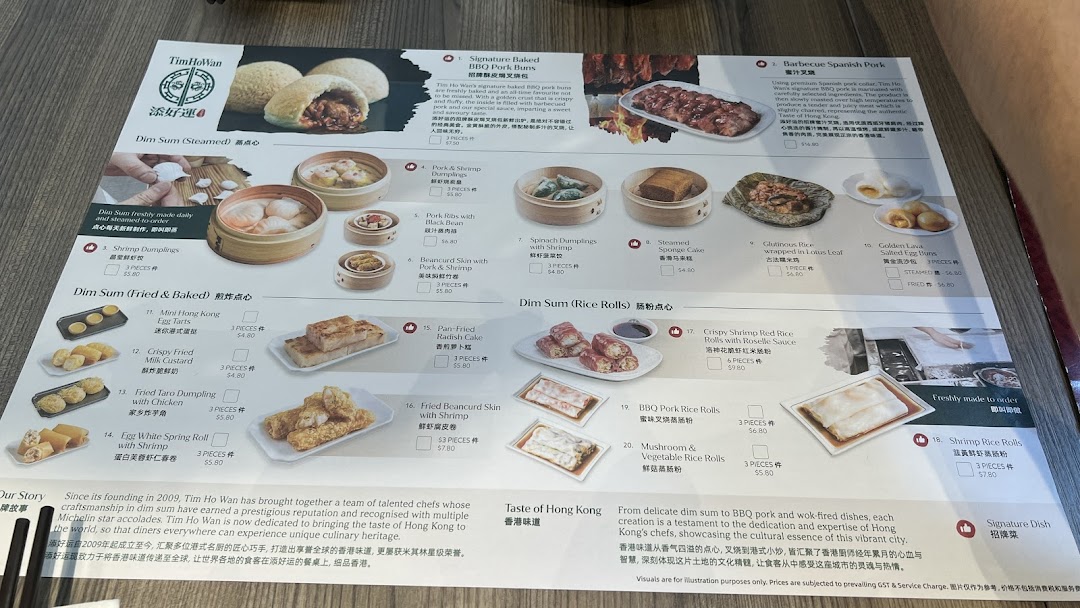 A detailed menu from Tim Ho Wan, showcasing a variety of dim sum, including steamed, fried, baked, and rice rolls.