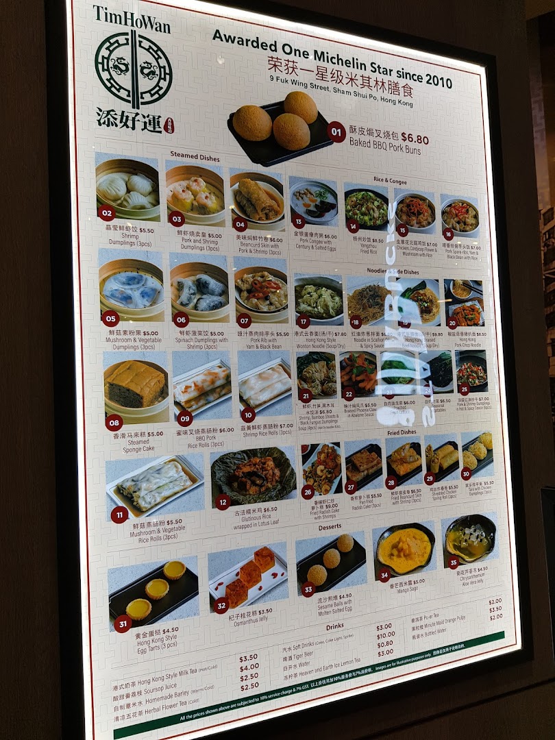 A brightly lit display board showcasing Tim Ho Wan's comprehensive dim sum menu with images and prices.