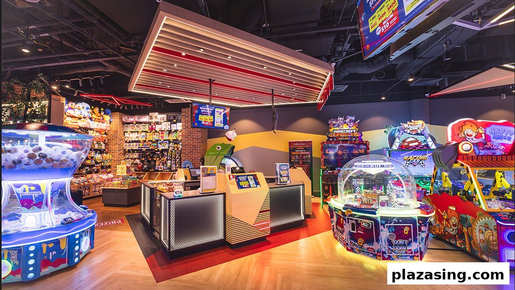Vibrant interior of Timezone arcade featuring various games, a prize counter, and bright lighting.