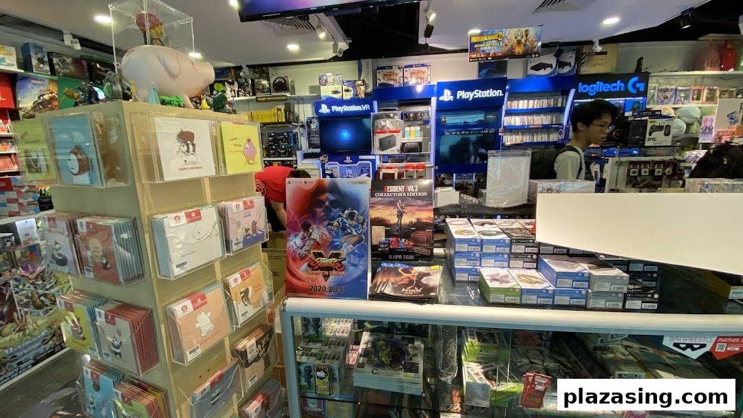 Interior view of a vibrant toy and game shop, featuring PlayStation displays, games, and collectibles.