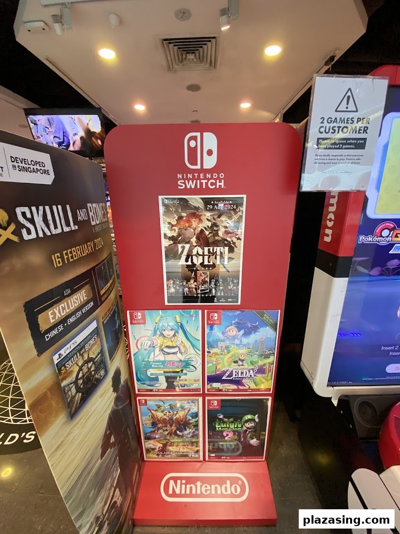 A vibrant Nintendo Switch game display featuring new releases and popular titles inside a game store.