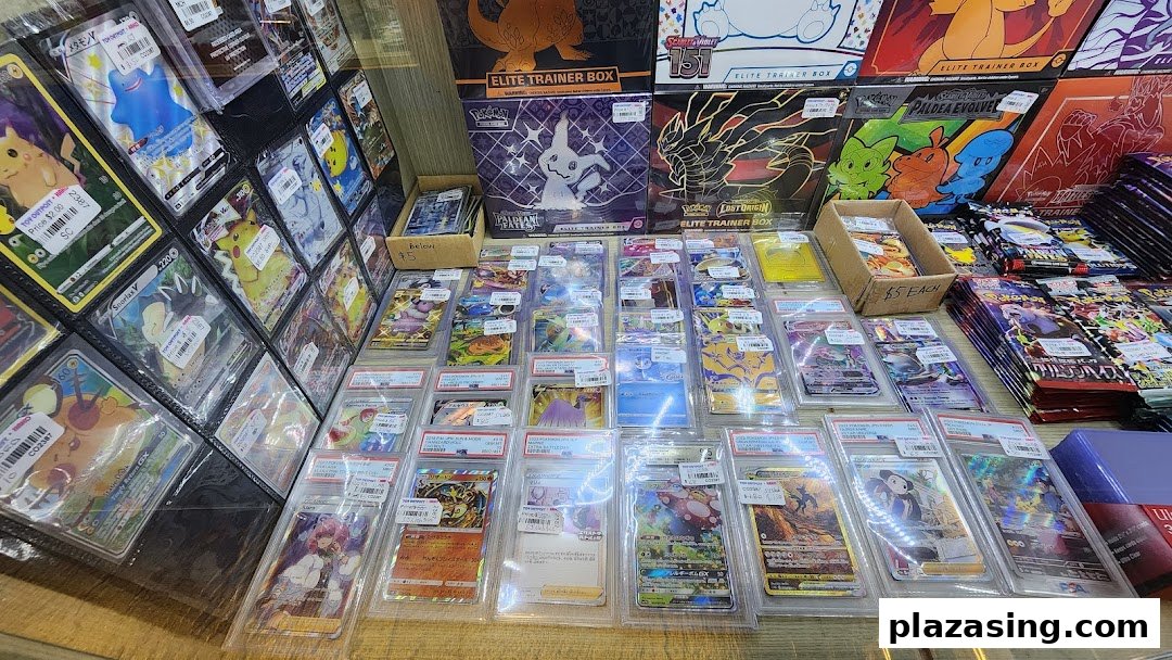 A vibrant display of Pokémon trading cards, including rare singles, graded cards, and sealed booster boxes.