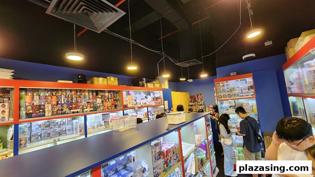 Interior view of Toy Outpost, a vibrant shop filled with collectible toys, figures, and merchandise displayed in glass cases.