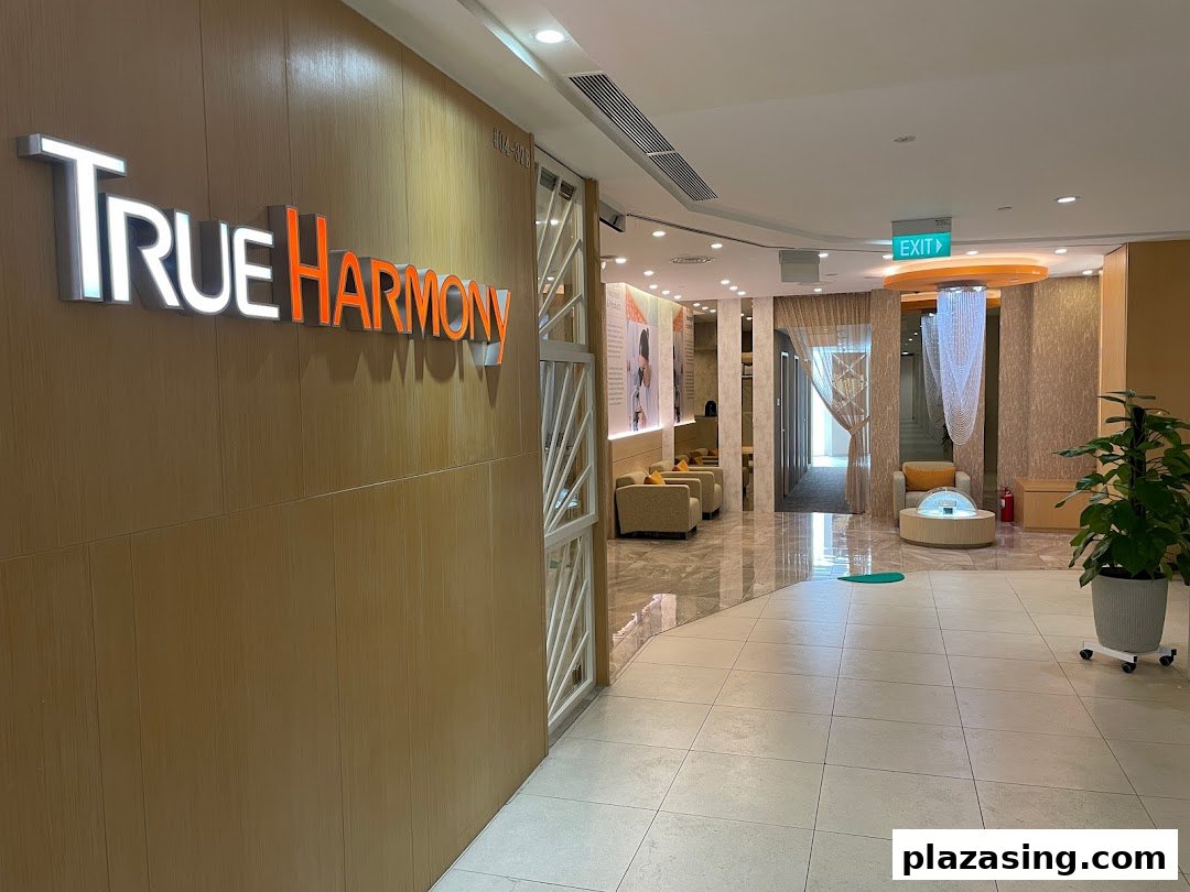 The illuminated 'True Harmony' sign on a wooden wall, leading into a spacious, well-lit interior with seating.