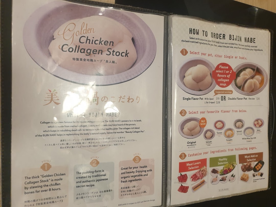 A menu page detailing how to order Bijin Nabe hotpot, featuring collagen stock and various soup flavors.