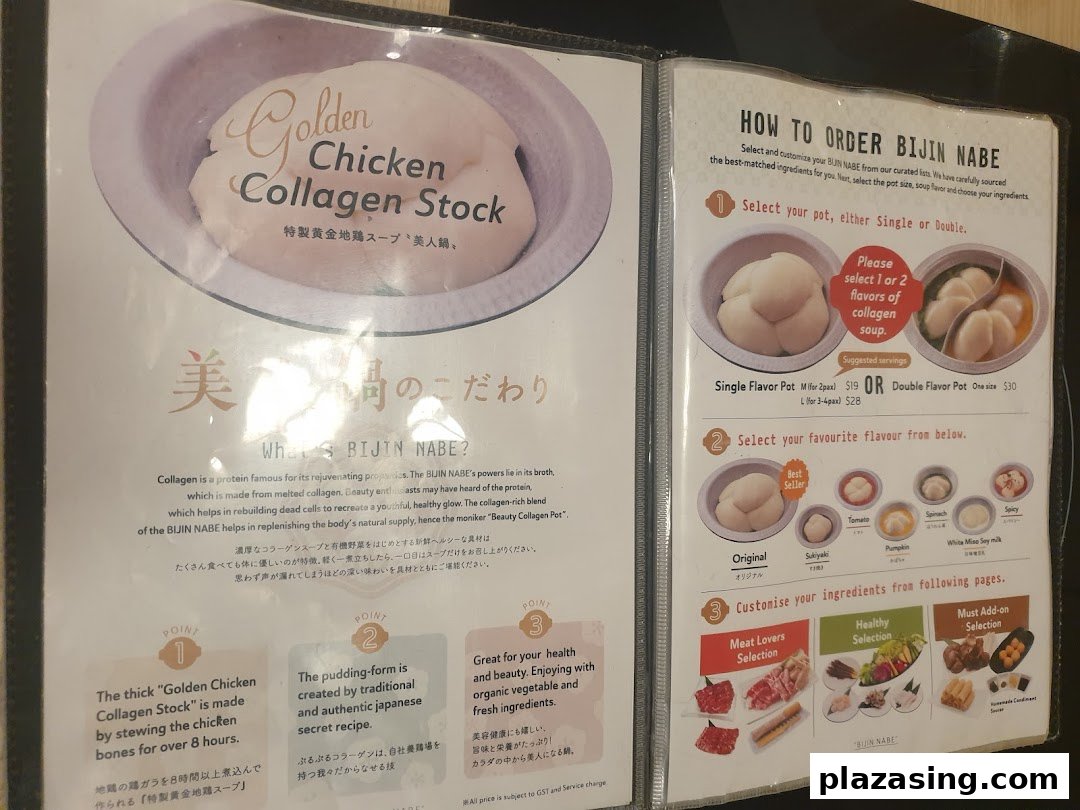 A menu page detailing how to order Bijin Nabe hotpot, featuring collagen stock and various soup flavors.