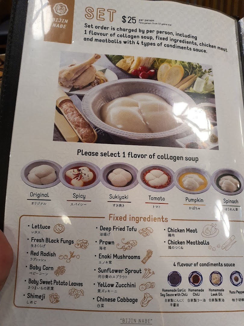 A menu page showcasing the Bijin Nabe hotpot set with soup flavors, ingredients, and condiments.