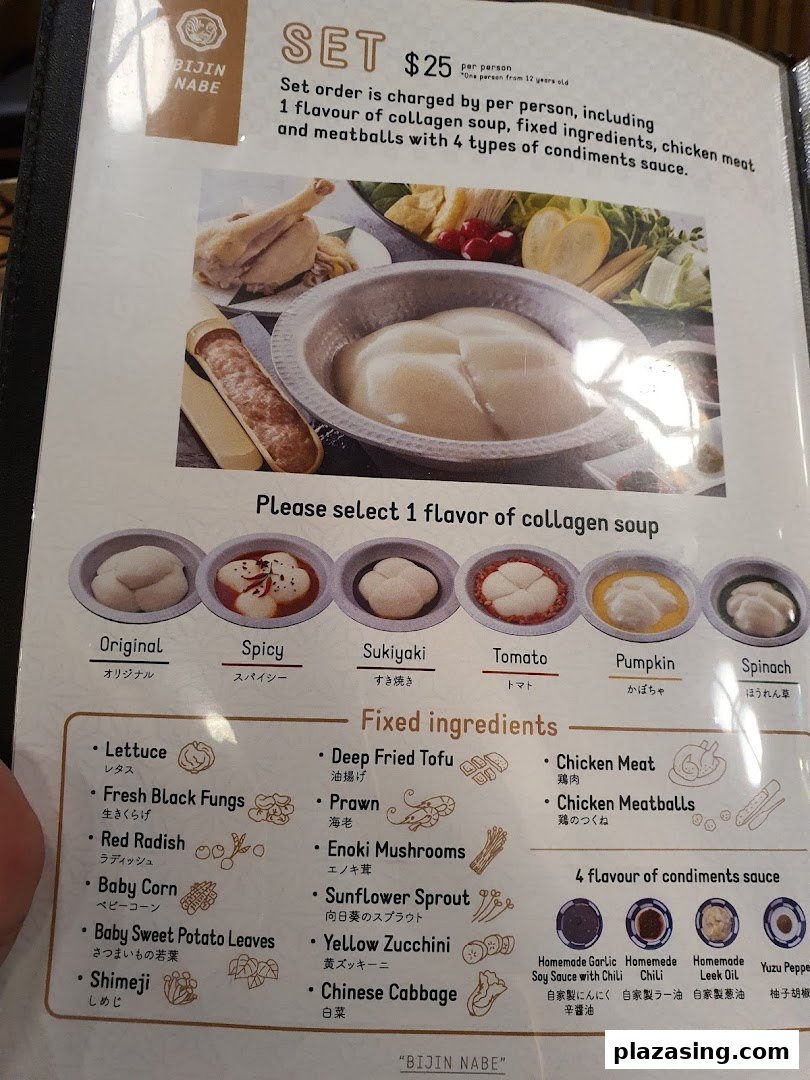 A menu page showcasing the Bijin Nabe hotpot set with soup flavors, ingredients, and condiments.