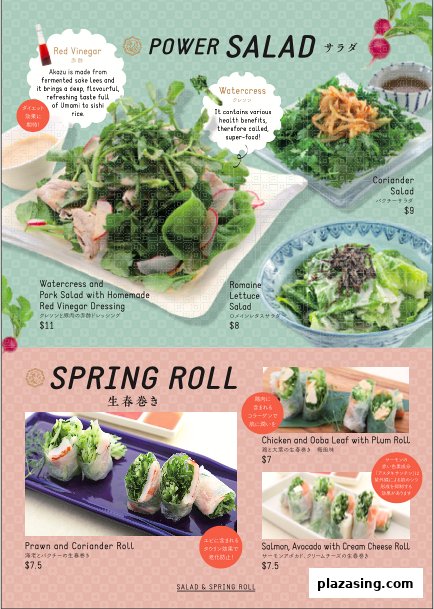 A menu page showcasing various healthy salads and fresh spring rolls with prices.