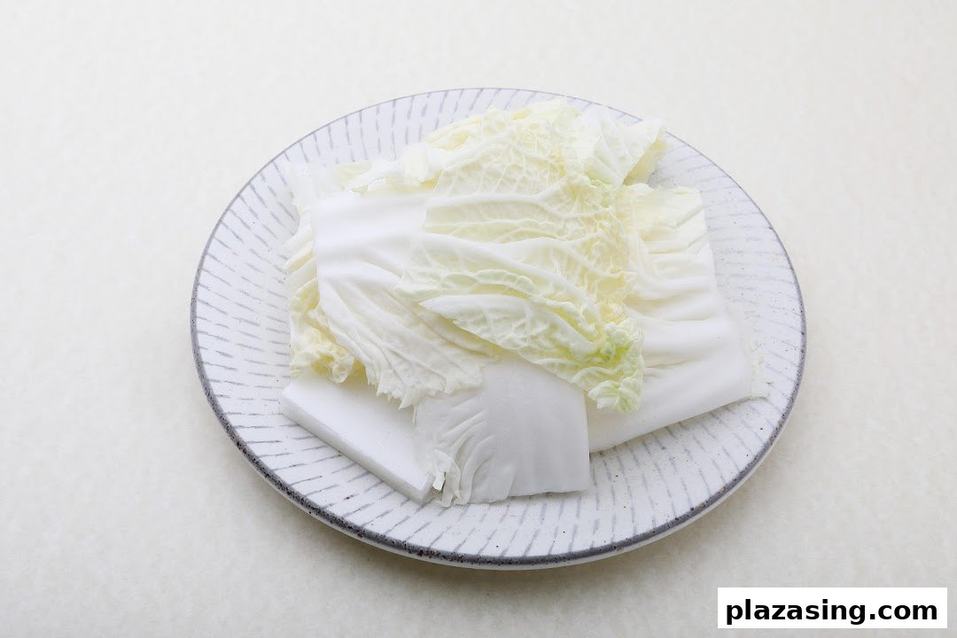 Fresh napa cabbage and daikon radish slices on a plate, ready for a hotpot meal.
