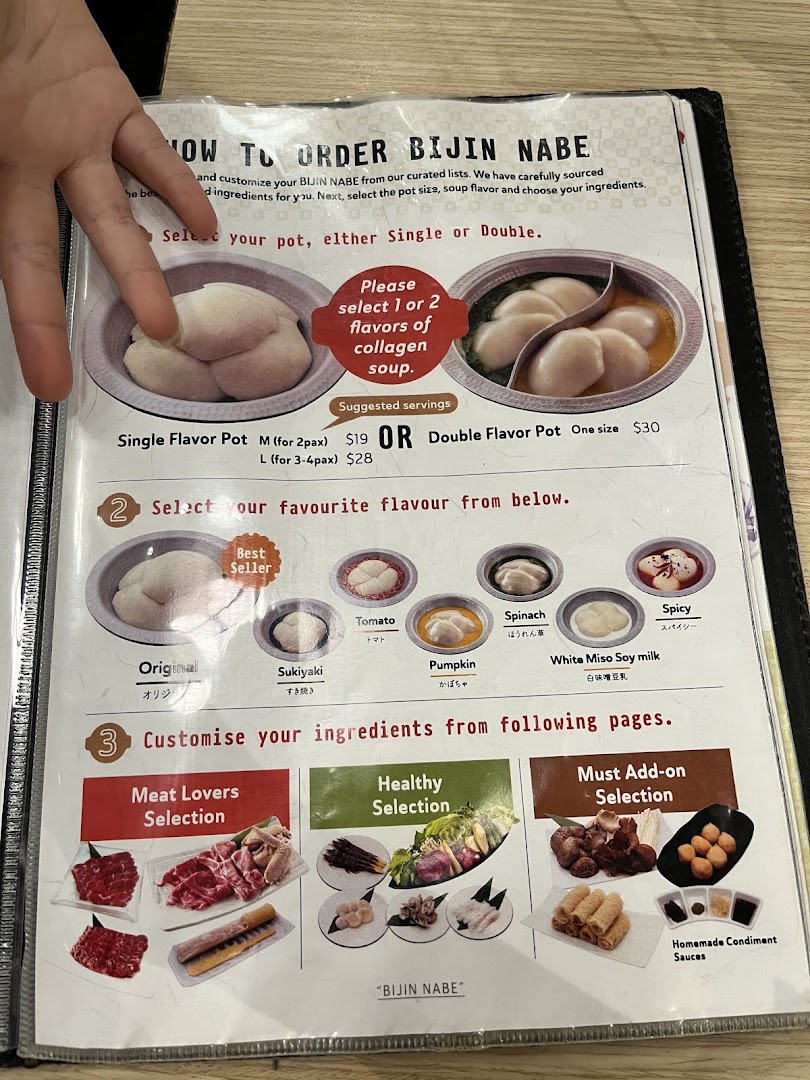 A detailed menu page from Tsukada Nojo, showing how to order Bijin Nabe hotpot.