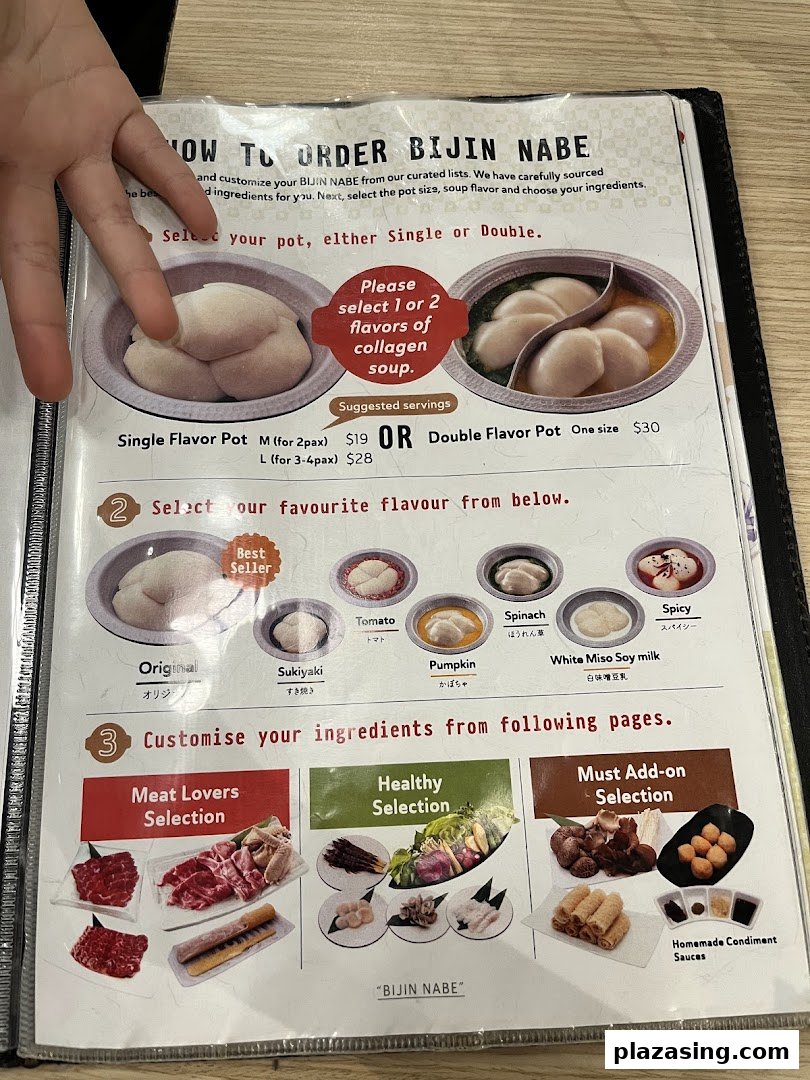 A detailed menu page from Tsukada Nojo, showing how to order Bijin Nabe hotpot.