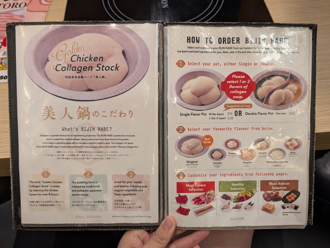 A menu displaying ordering steps for collagen-rich hotpot, including pot sizes, soup flavors, and ingredients.