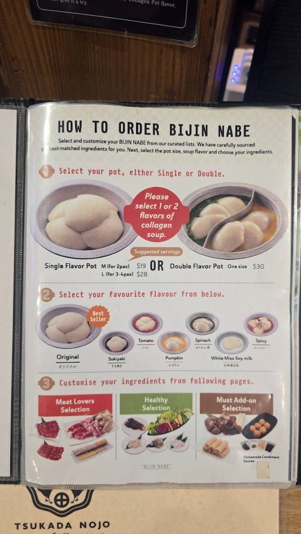 A detailed menu page from Tsukada Nojo, outlining how to order their signature Bijin Nabe hotpot.