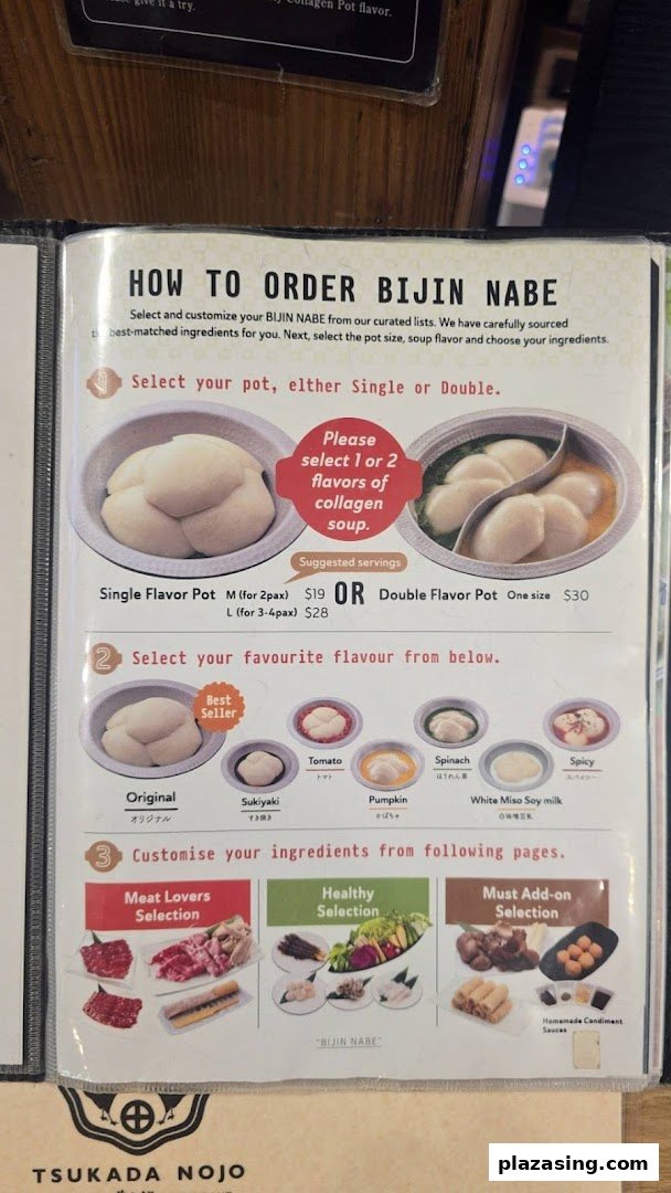 A detailed menu page from Tsukada Nojo, outlining how to order their signature Bijin Nabe hotpot.