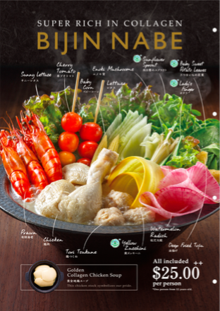 A menu image showcasing the 'Bijin Nabe' hotpot with various ingredients and its price.