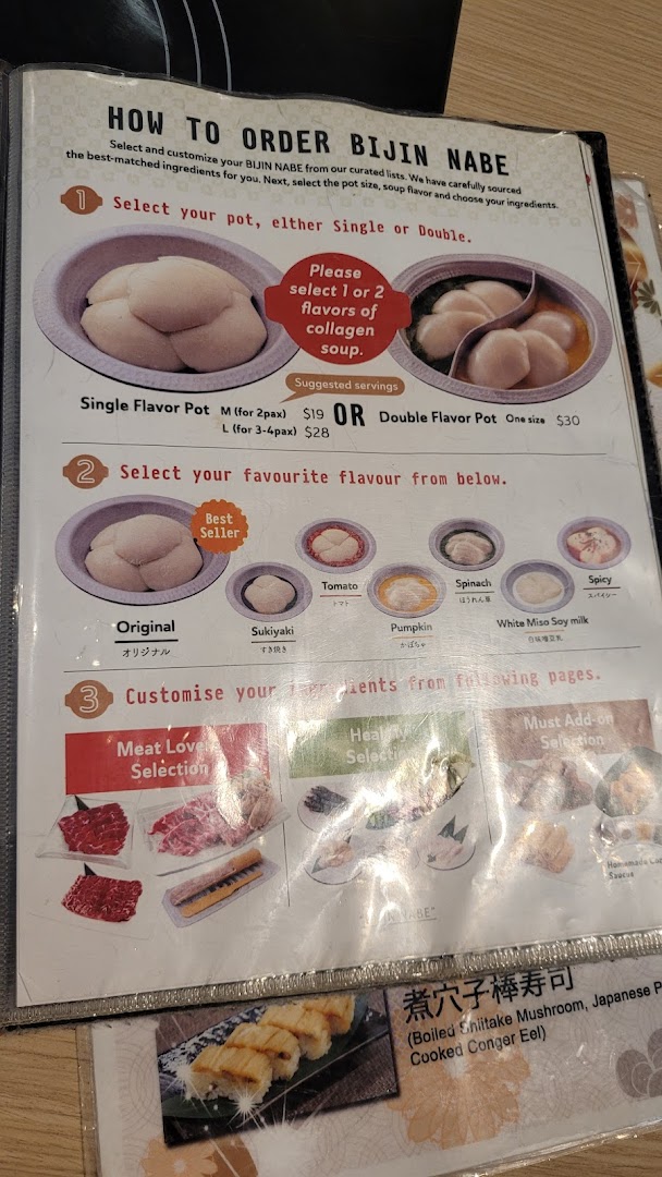 A menu page detailing how to order Bijin Nabe hotpot, including pot sizes, soup flavors, and add-on options.