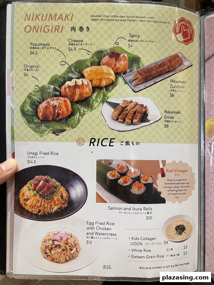 A menu page showcasing various Nikumaki Onigiri and rice dishes with prices.