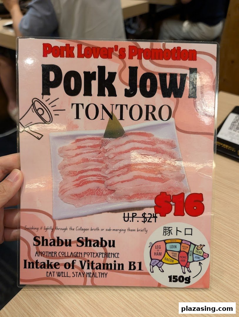 A menu page showcasing a 'Pork Jowl Tontoro' promotion for Shabu Shabu with price and details.