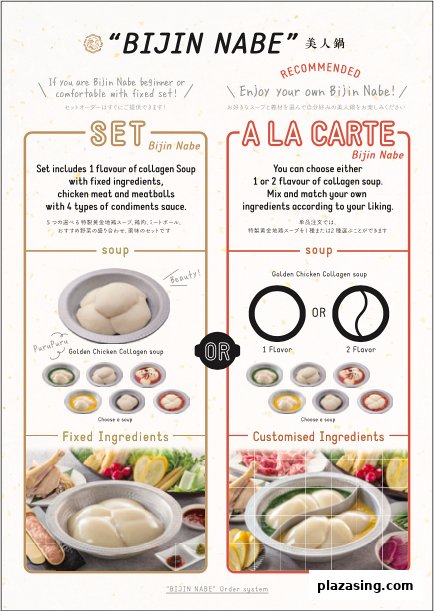 A detailed menu showcasing Bijin Nabe set and a la carte hotpot options with collagen soup.