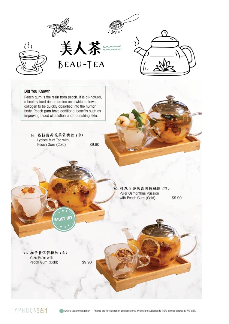 A menu page showcasing Beau-Tea beverages, featuring peach gum infused teas with prices and descriptions.