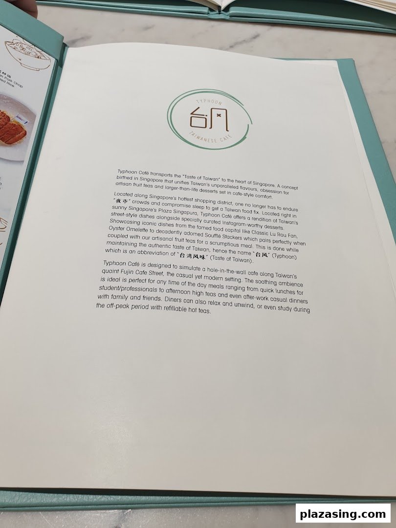 An open menu page displaying the introductory text and logo for Typhoon Cafe.