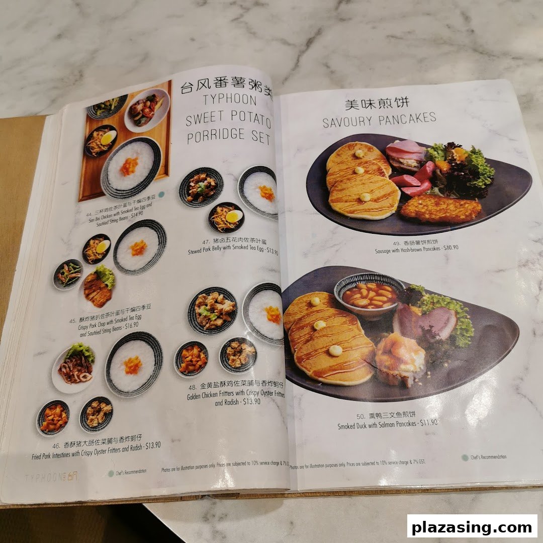 A detailed menu showcasing Sweet Potato Porridge Sets and Savoury Pancakes from Typhoon Cafe.