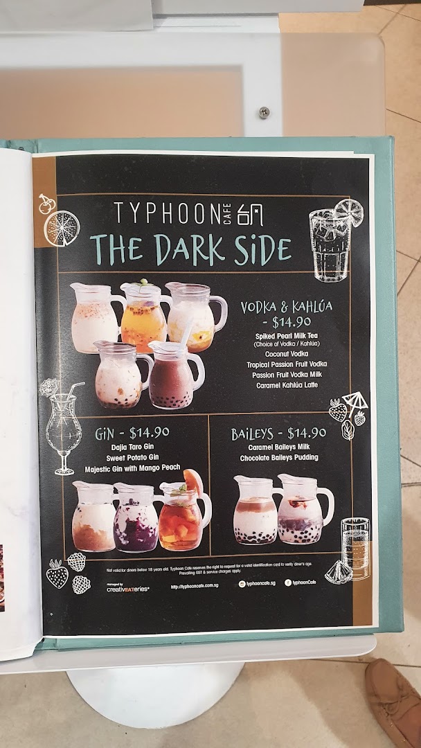 A menu page from Typhoon Cafe featuring alcoholic beverages under 'The Dark Side' section.
