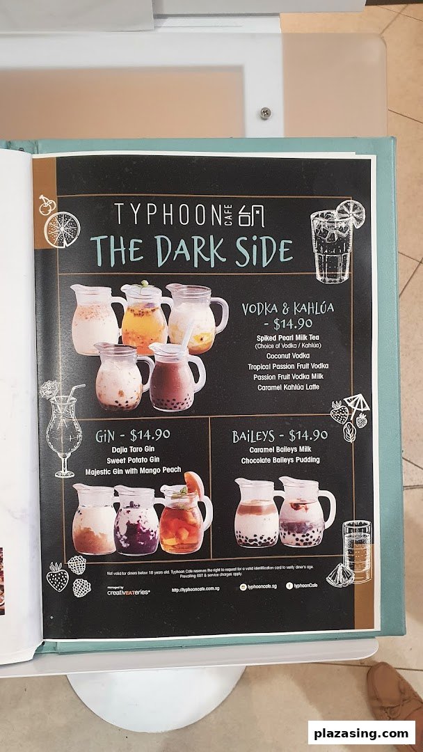 A menu page from Typhoon Cafe featuring alcoholic beverages under 'The Dark Side' section.