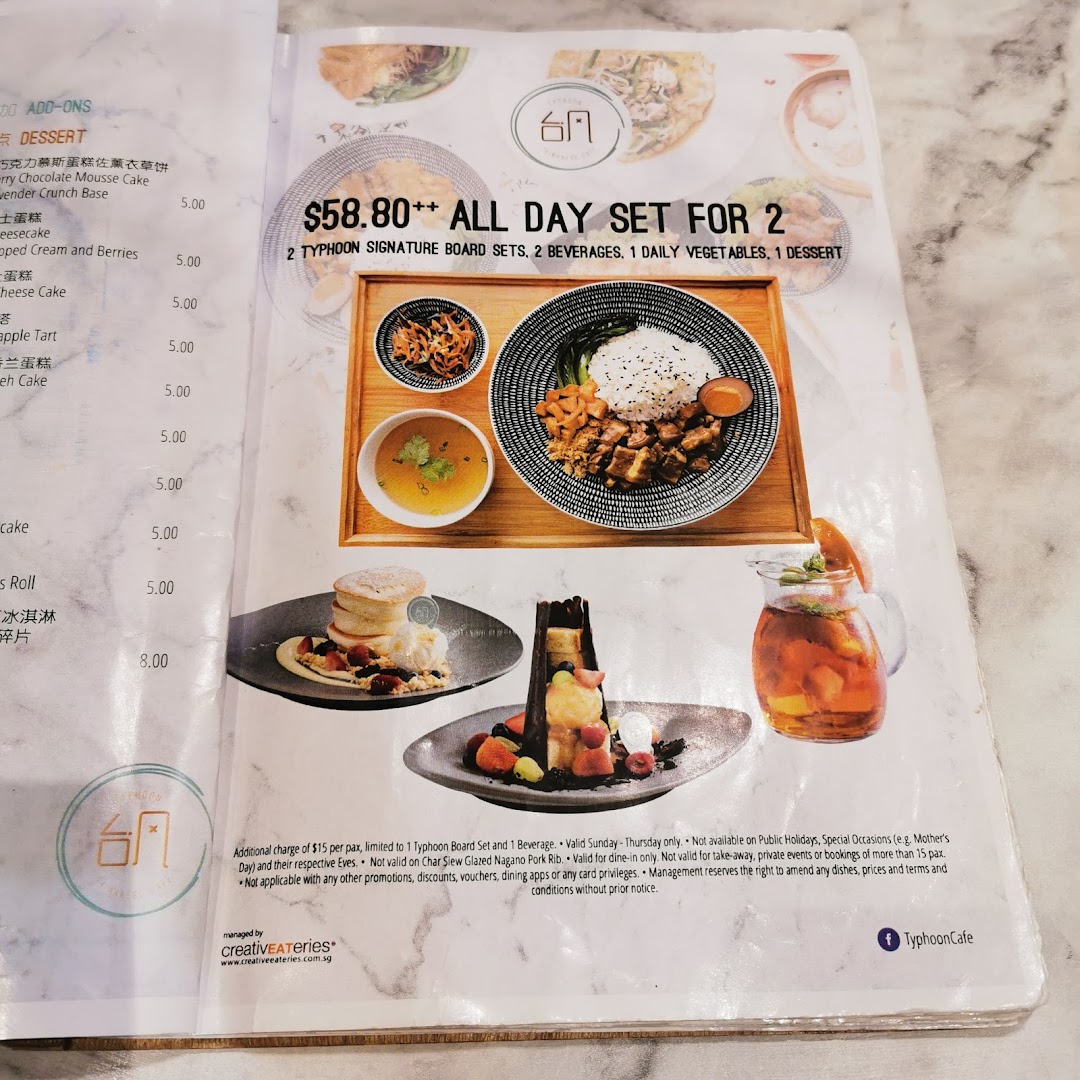 A menu page from Typhoon Cafe showcasing an 'All Day Set for 2' and various dessert options.