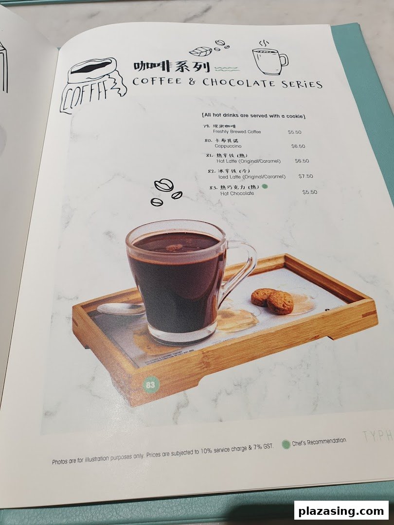 A menu page displaying coffee and chocolate drinks with prices and a featured hot chocolate.